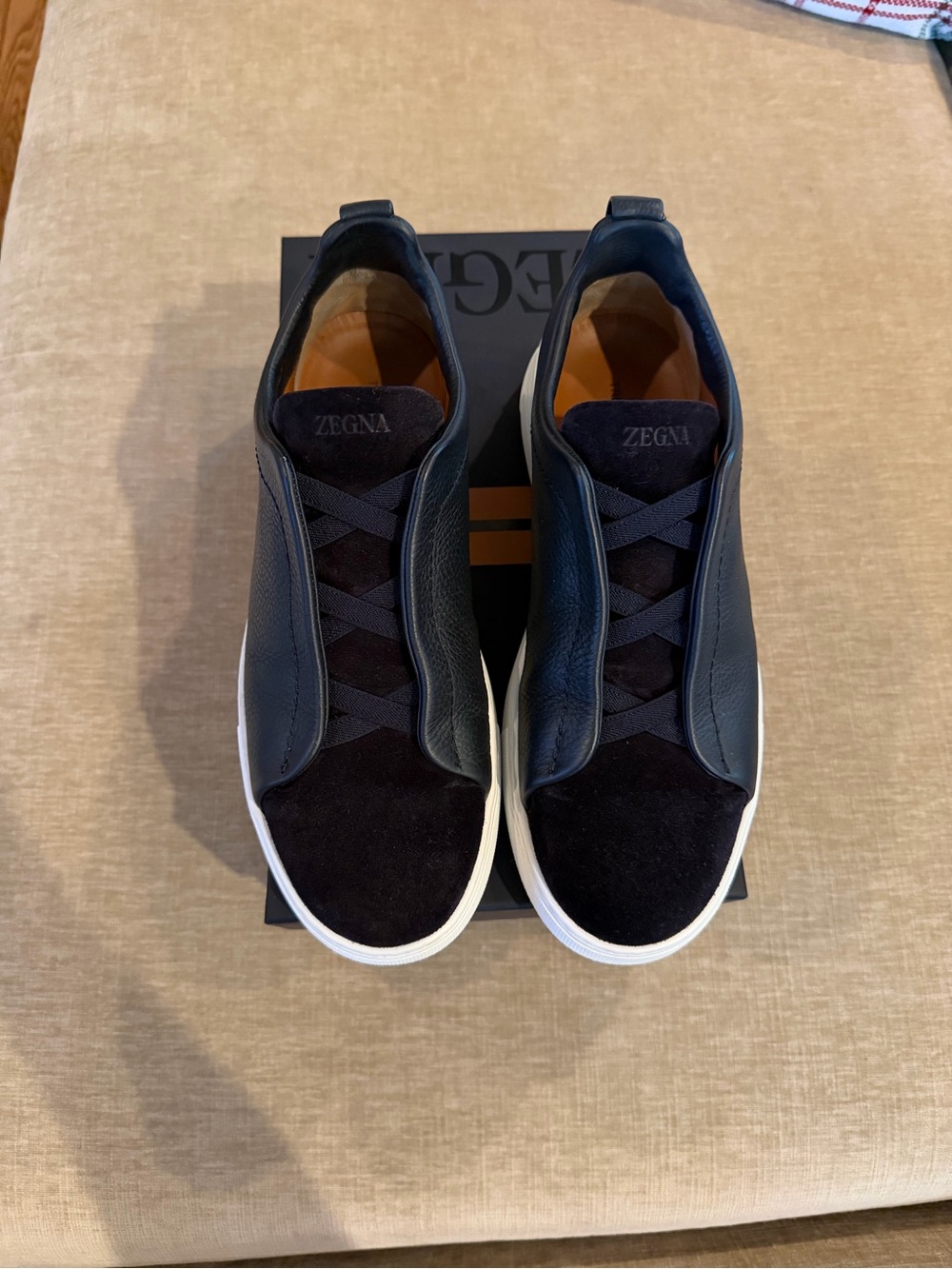 Zegna Men’s Navy Triple Stitch Leather&Suede Sneakers US10
